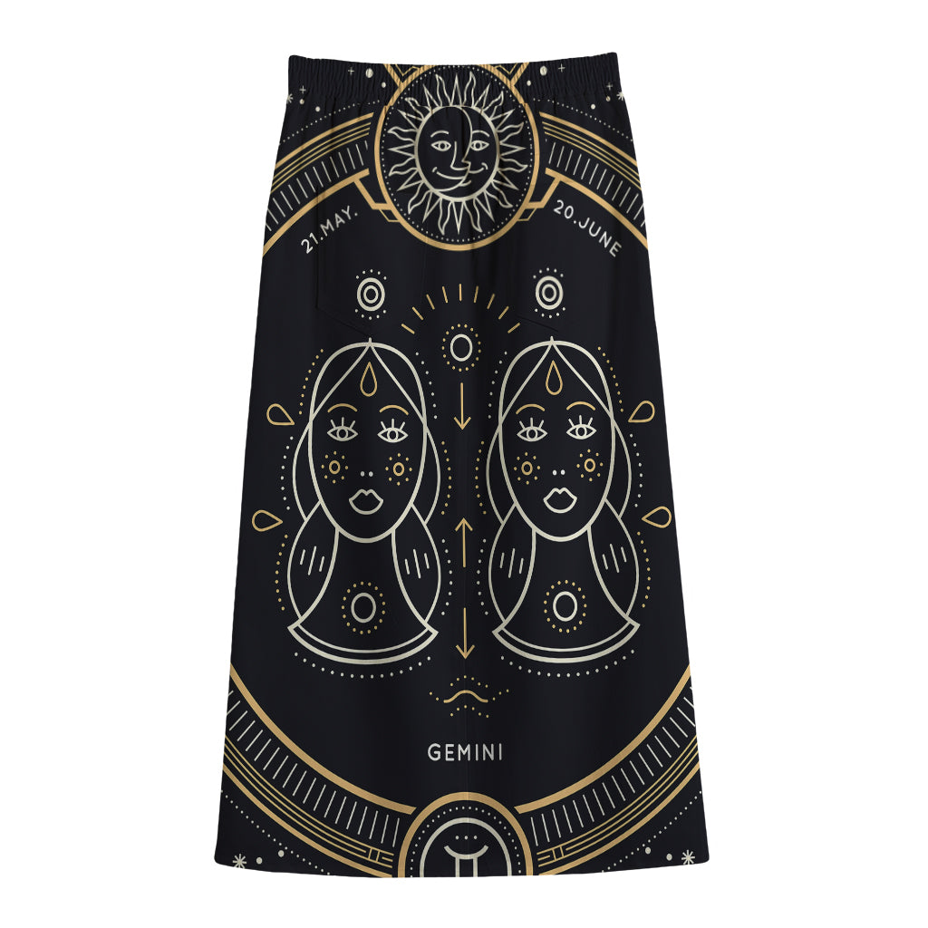 Vintage Gemini Zodiac Sign Print Cotton Front Slit Maxi Skirt