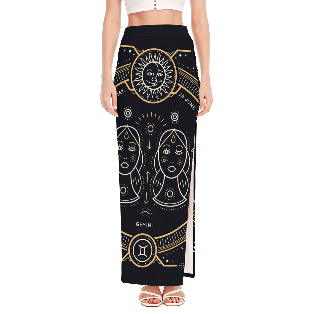 Vintage Gemini Zodiac Sign Print High Slit Maxi Skirt