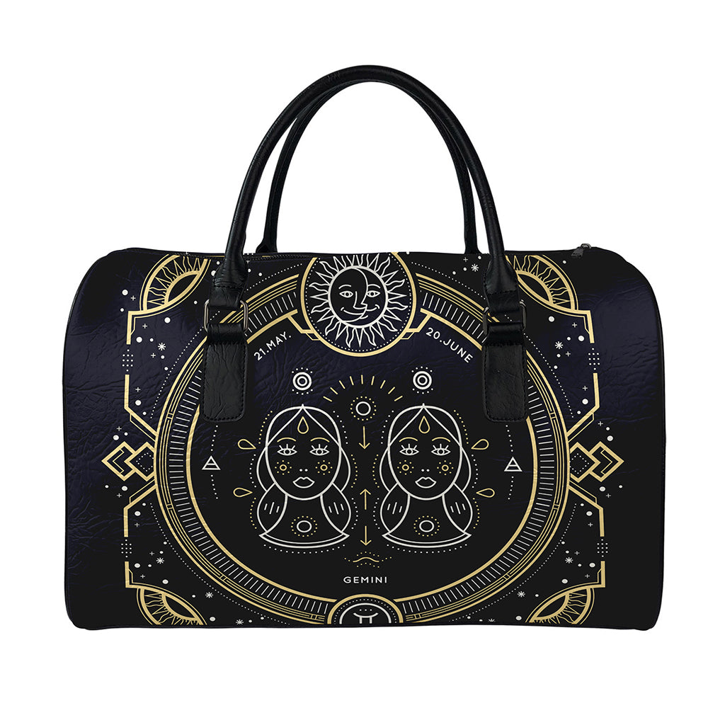 Vintage Gemini Zodiac Sign Print Leather Duffle Bag