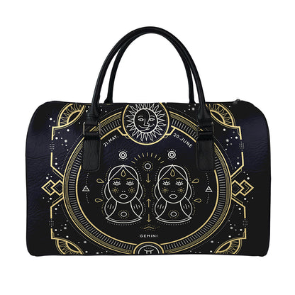 Vintage Gemini Zodiac Sign Print Leather Duffle Bag