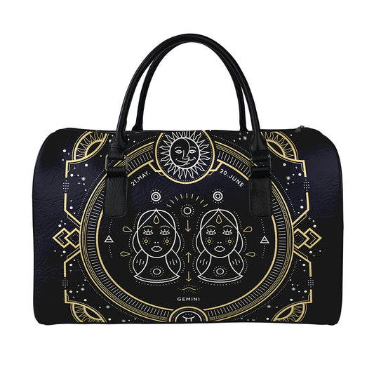 Vintage Gemini Zodiac Sign Print Leather Duffle Bag