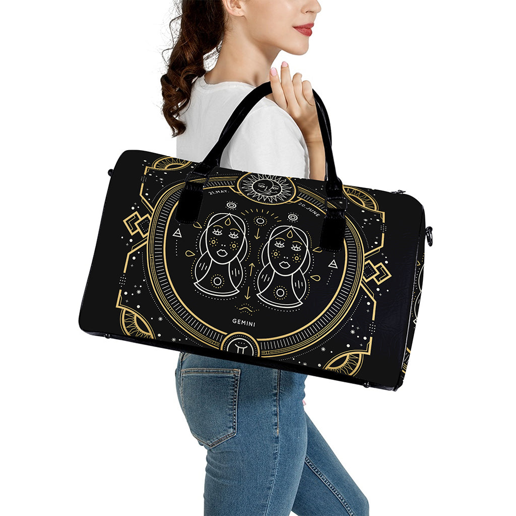 Vintage Gemini Zodiac Sign Print Leather Duffle Bag