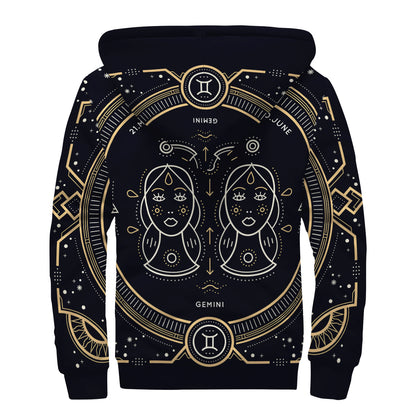 Vintage Gemini Zodiac Sign Print Sherpa Lined Zip Up Hoodie