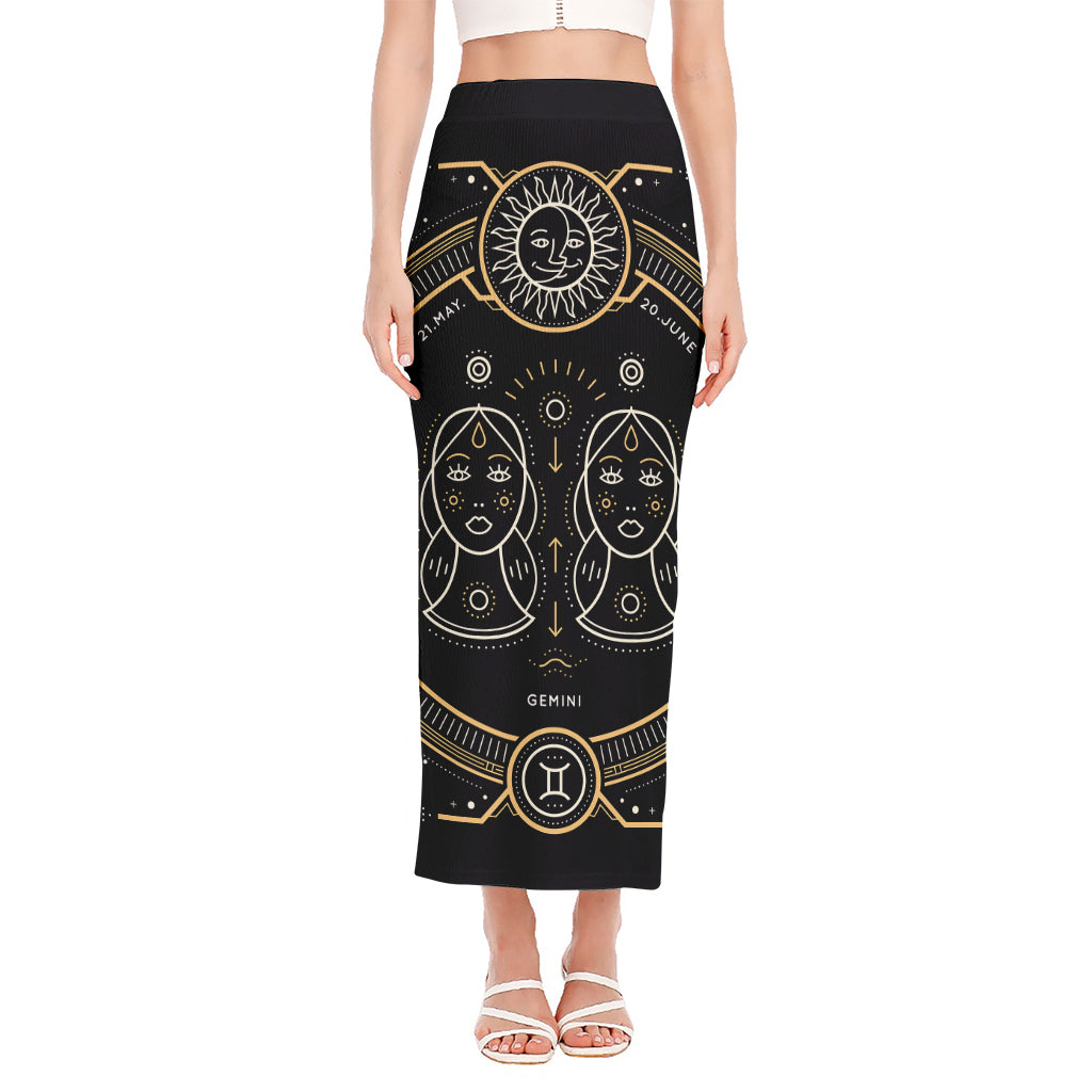 Vintage Gemini Zodiac Sign Print Side Slit Maxi Skirt