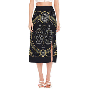 Vintage Gemini Zodiac Sign Print Side Slit Midi Skirt