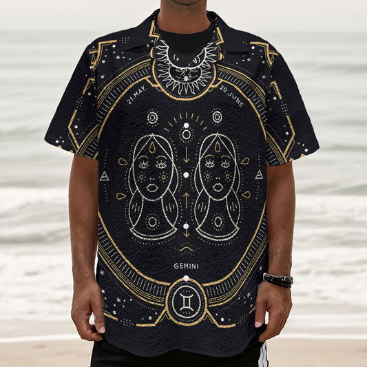 Vintage Gemini Zodiac Sign Print Textured Short Sleeve Shirt