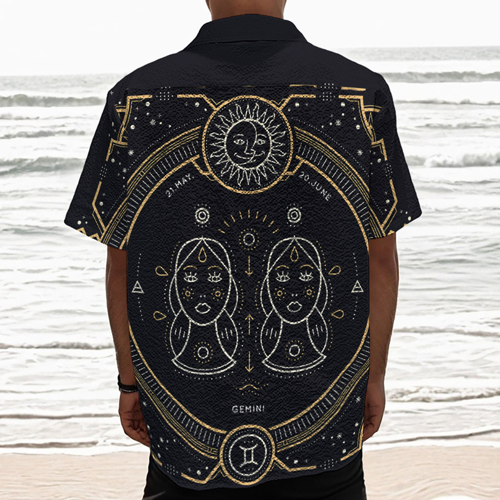 Vintage Gemini Zodiac Sign Print Textured Short Sleeve Shirt