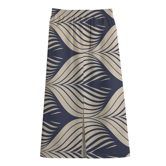 Vintage Geometric Leaf Pattern Print Cotton Front Slit Maxi Skirt