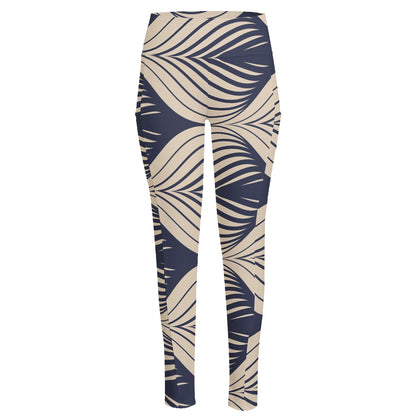 Vintage Geometric Leaf Pattern Print High-Waisted Pocket Leggings