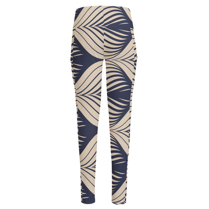 Vintage Geometric Leaf Pattern Print High-Waisted Pocket Leggings