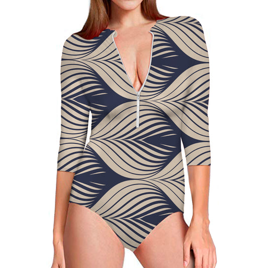 Vintage Geometric Leaf Pattern Print Long Sleeve Swimsuit