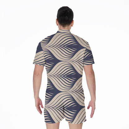 Vintage Geometric Leaf Pattern Print Men's Rompers