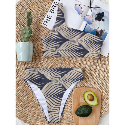 Vintage Geometric Leaf Pattern Print One Shoulder Bikini Top