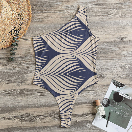 Vintage Geometric Leaf Pattern Print One Shoulder Bodysuit