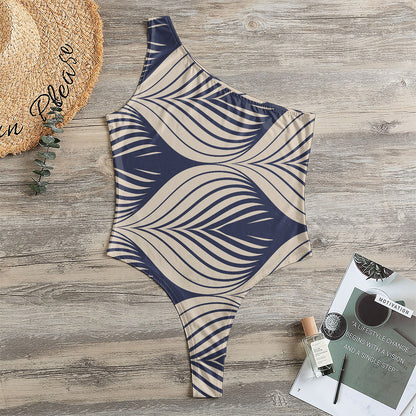 Vintage Geometric Leaf Pattern Print One Shoulder Bodysuit