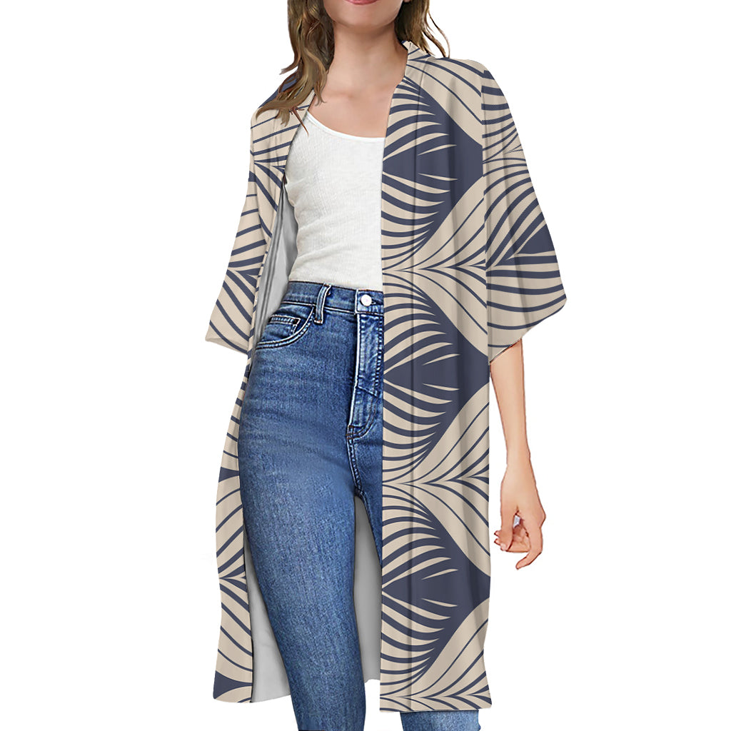 Vintage Geometric Leaf Pattern Print Open Front Beach Cover Up