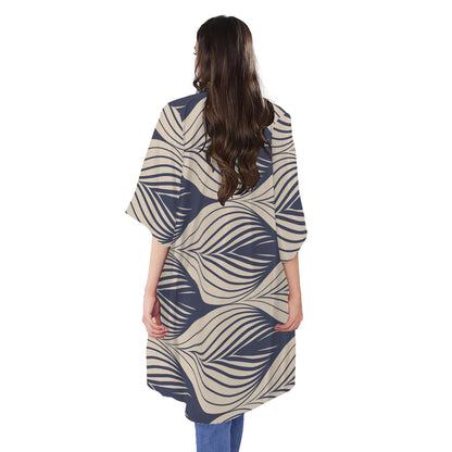 Vintage Geometric Leaf Pattern Print Open Front Beach Cover Up
