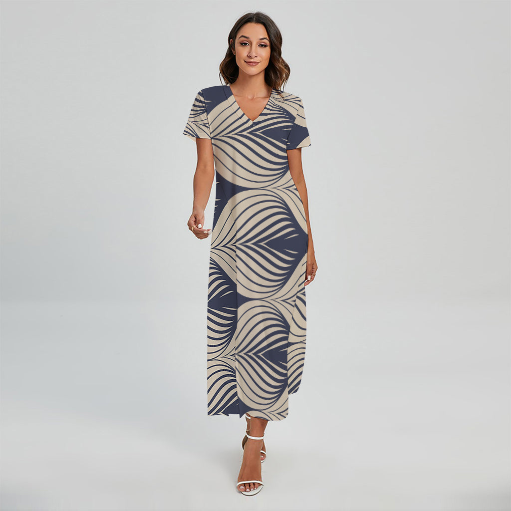 Vintage Geometric Leaf Pattern Print Short Sleeve Maxi Dress
