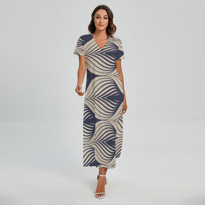 Vintage Geometric Leaf Pattern Print Short Sleeve Maxi Dress