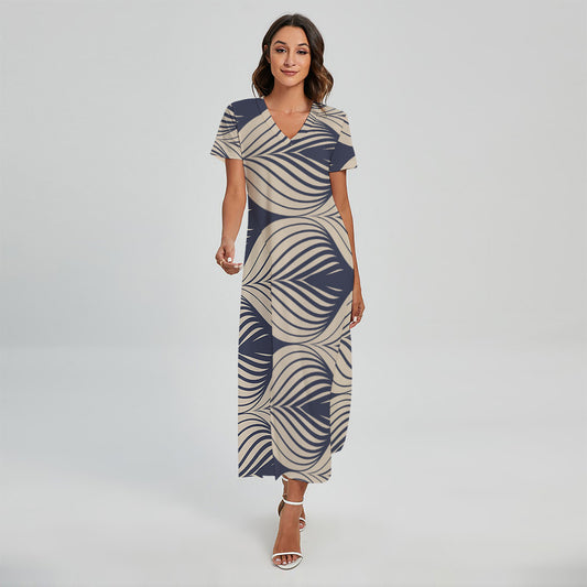 Vintage Geometric Leaf Pattern Print Short Sleeve Maxi Dress