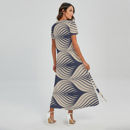 Vintage Geometric Leaf Pattern Print Short Sleeve Maxi Dress