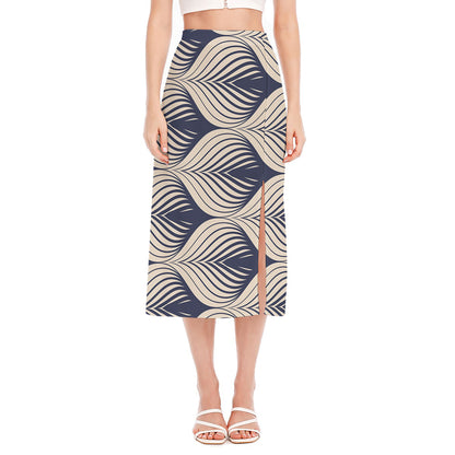 Vintage Geometric Leaf Pattern Print Side Slit Midi Skirt