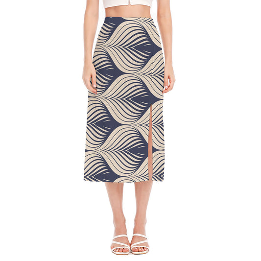 Vintage Geometric Leaf Pattern Print Side Slit Midi Skirt