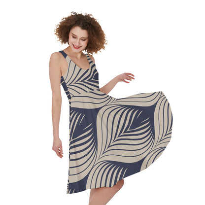 Vintage Geometric Leaf Pattern Print Women's Sleeveless Dress