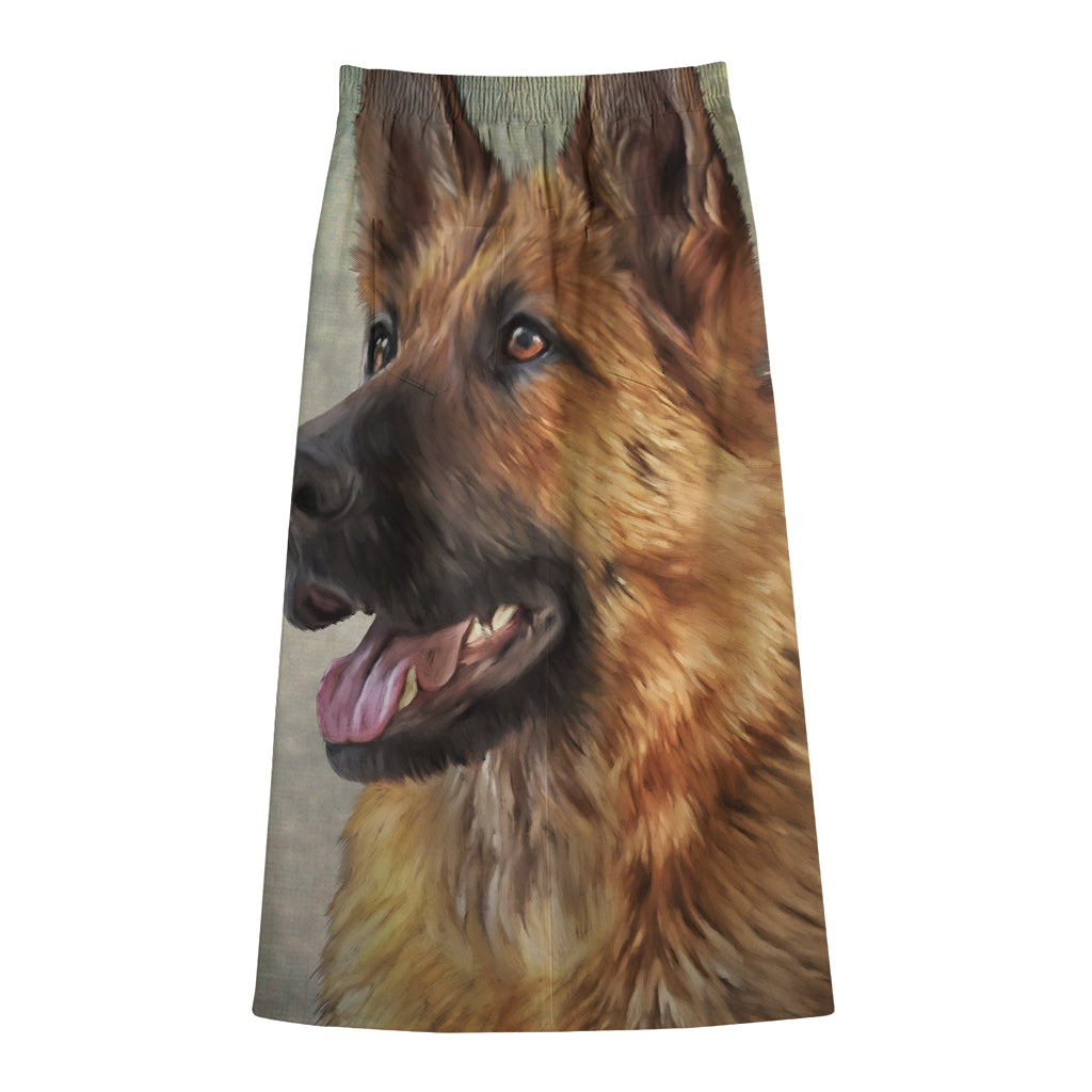 Vintage German Shepherd Portrait Print Cotton Front Slit Maxi Skirt