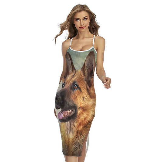 Vintage German Shepherd Portrait Print Cross Back Cami Dress