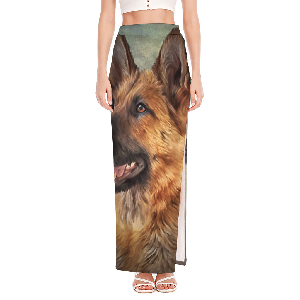 Vintage German Shepherd Portrait Print High Slit Maxi Skirt