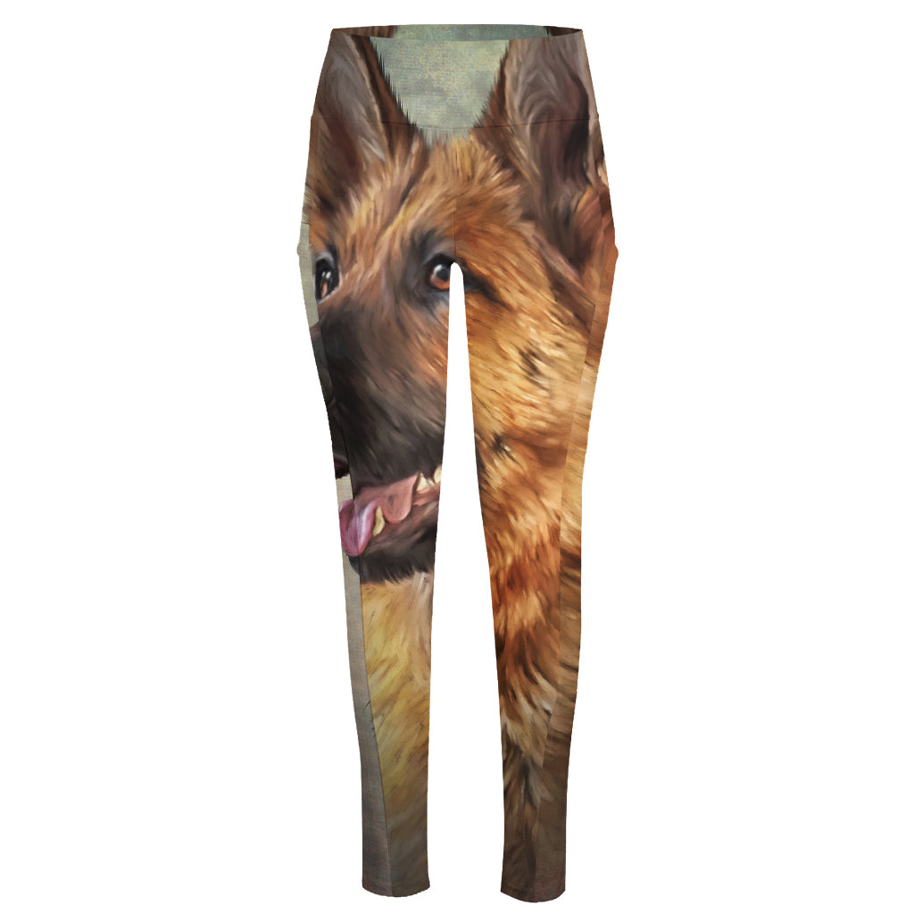 Vintage German Shepherd Portrait Print High-Waisted Pocket Leggings