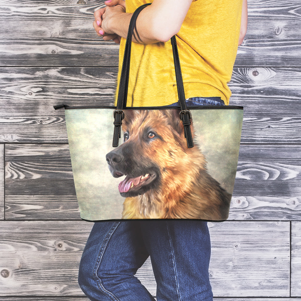 Vintage German Shepherd Portrait Print Leather Tote Bag