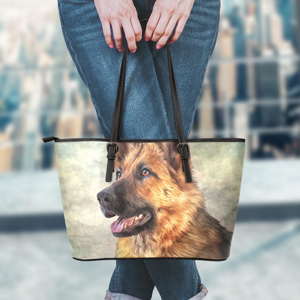 Vintage German Shepherd Portrait Print Leather Tote Bag