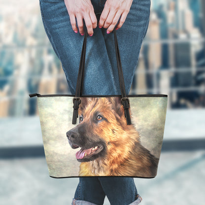 Vintage German Shepherd Portrait Print Leather Tote Bag