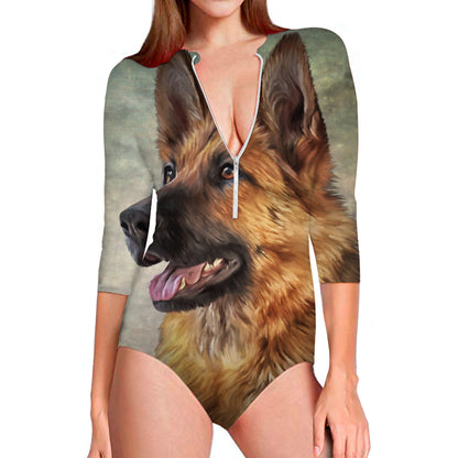 Vintage German Shepherd Portrait Print Long Sleeve Swimsuit