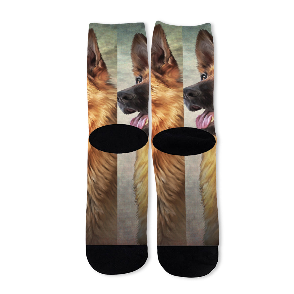 Vintage German Shepherd Portrait Print Long Socks