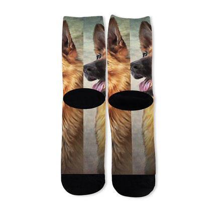 Vintage German Shepherd Portrait Print Long Socks