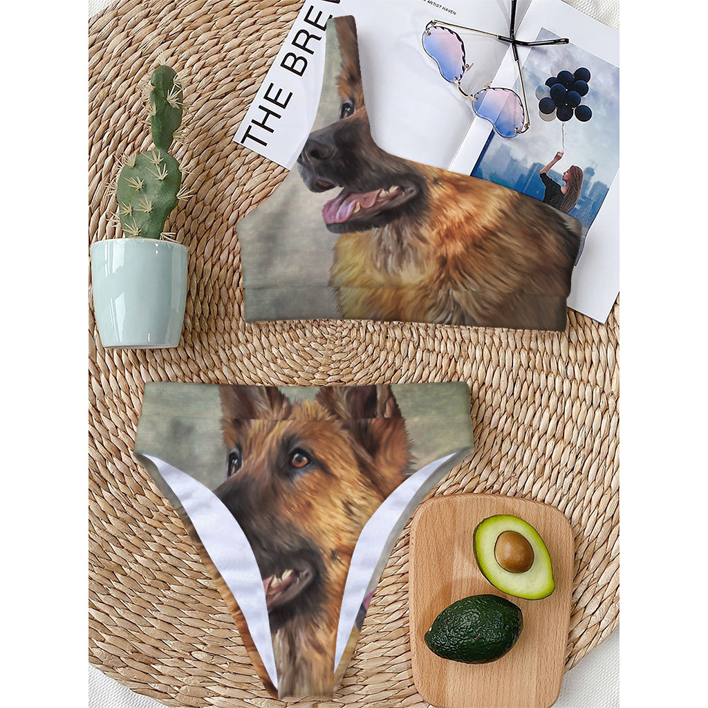 Vintage German Shepherd Portrait Print One Shoulder Bikini Top
