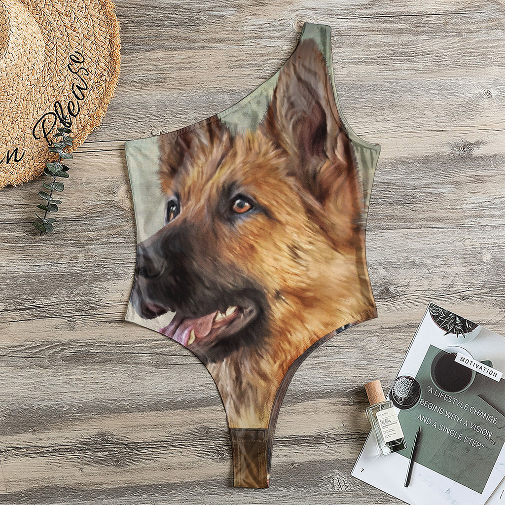 Vintage German Shepherd Portrait Print One Shoulder Bodysuit