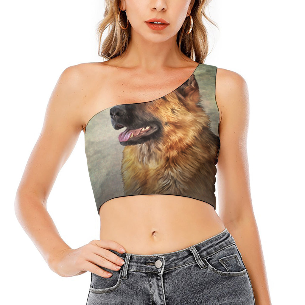 Vintage German Shepherd Portrait Print One Shoulder Crop Top