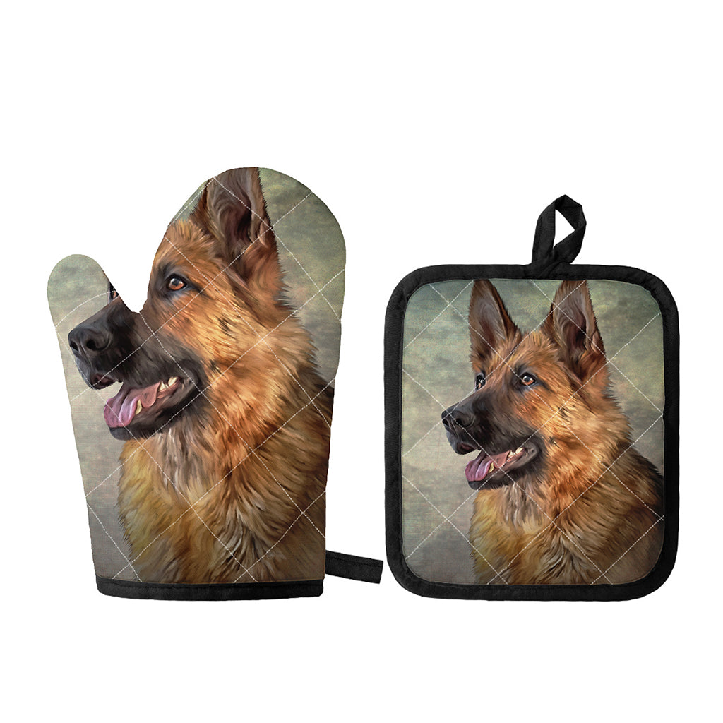 Vintage German Shepherd Portrait Print Oven Mitt And Pot Holder Set