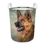 Vintage German Shepherd Portrait Print Round Laundry Basket