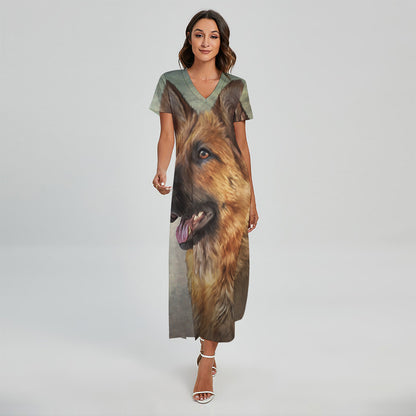 Vintage German Shepherd Portrait Print Short Sleeve Maxi Dress