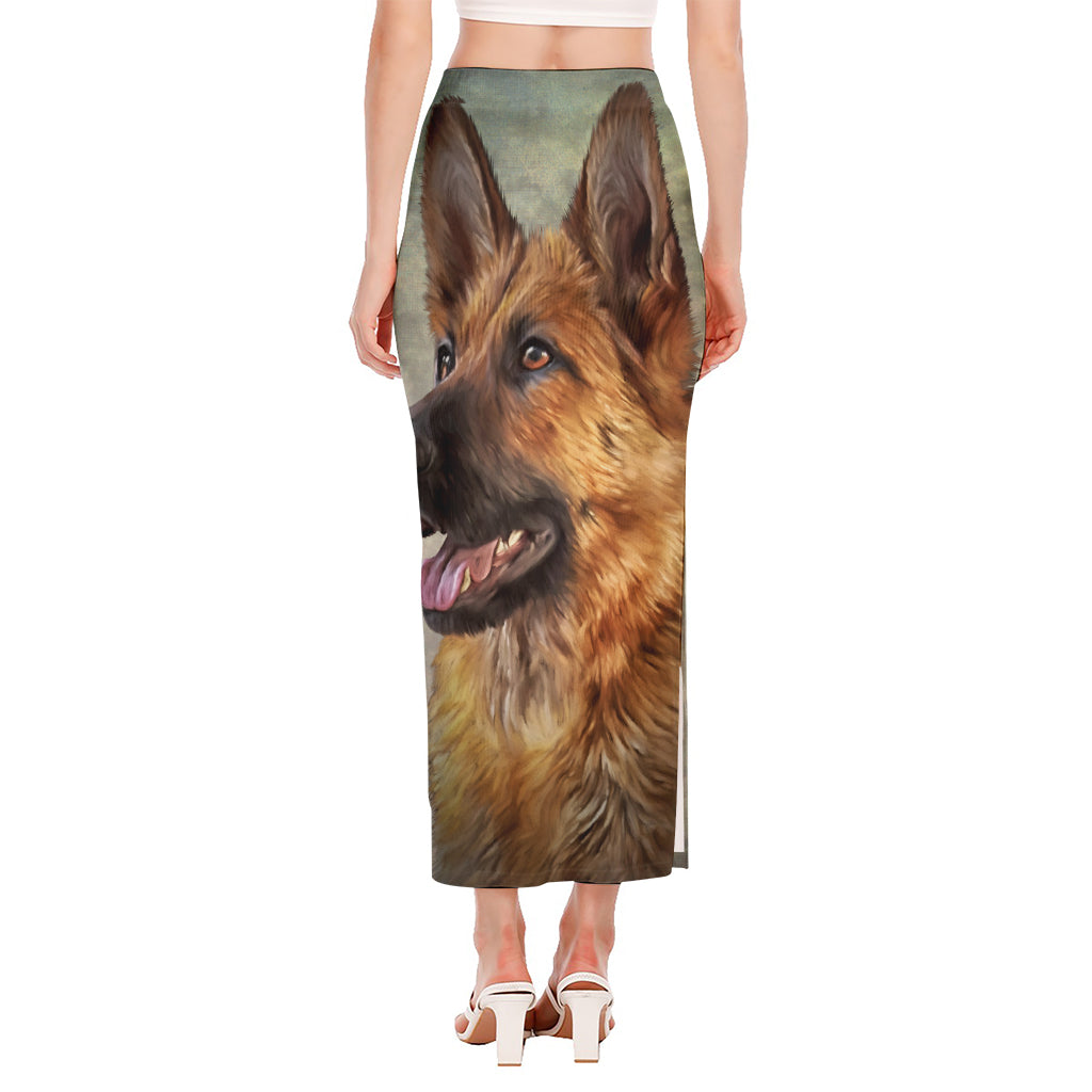 Vintage German Shepherd Portrait Print Side Slit Maxi Skirt