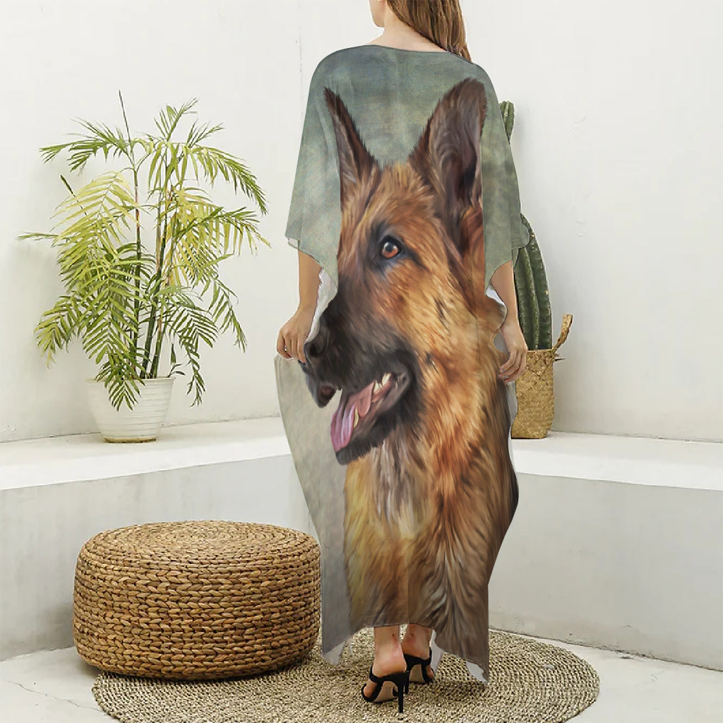 Vintage German Shepherd Portrait Print Silk V-Neck Kaftan Dress