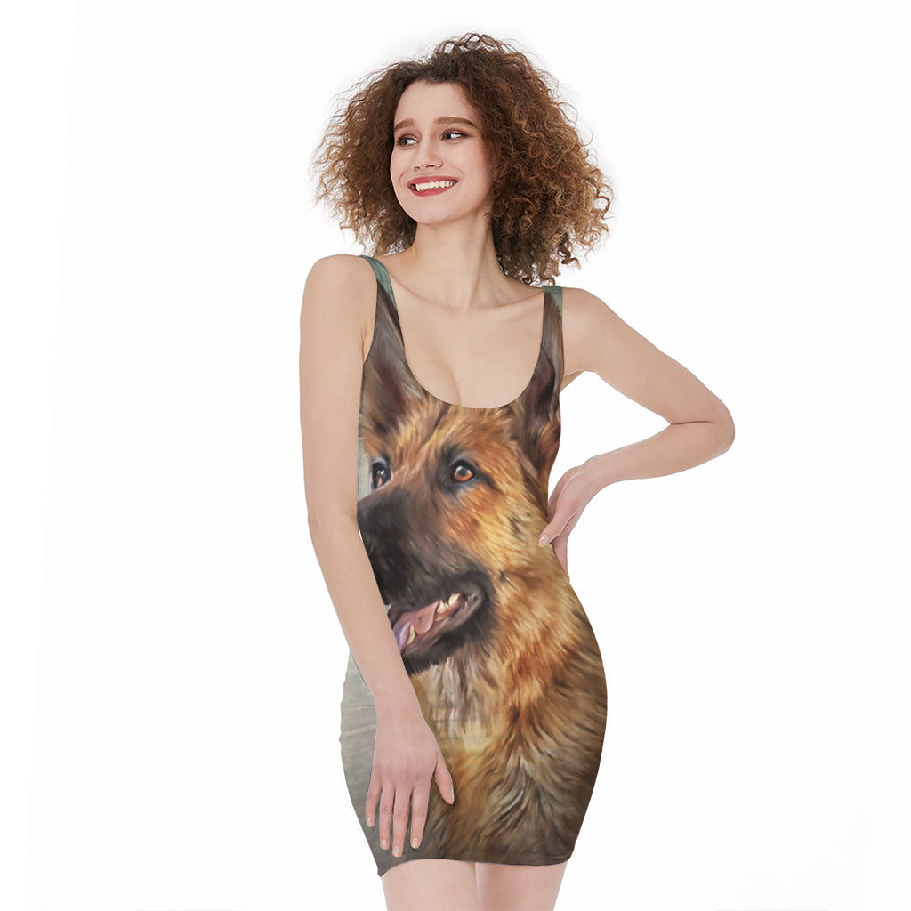 Vintage German Shepherd Portrait Print Sleeveless Bodycon Dress