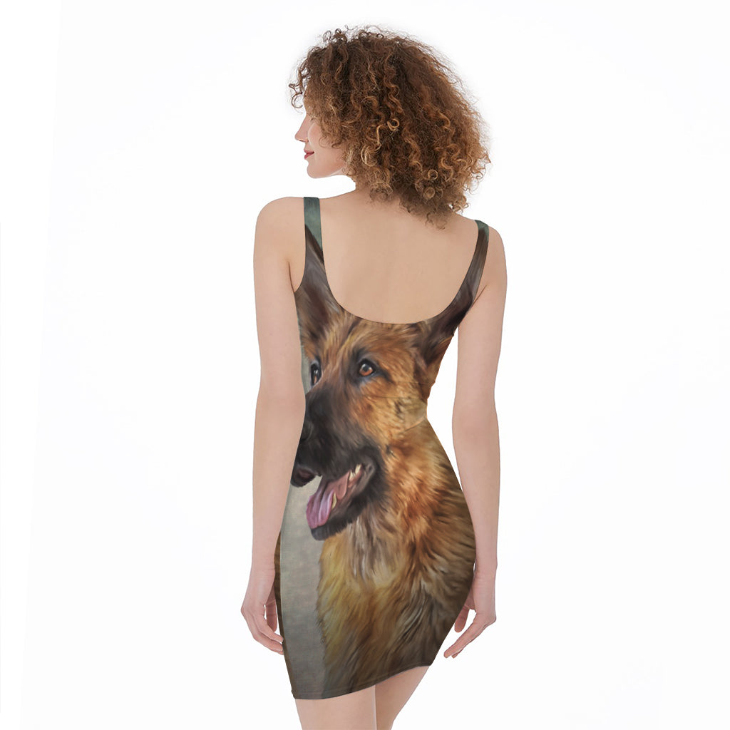 Vintage German Shepherd Portrait Print Sleeveless Bodycon Dress