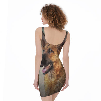 Vintage German Shepherd Portrait Print Sleeveless Bodycon Dress