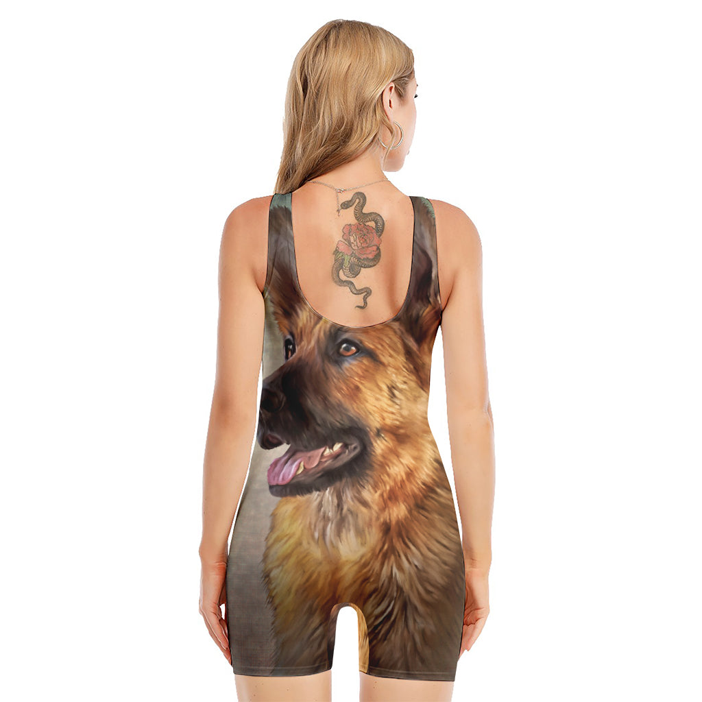 Vintage German Shepherd Portrait Print Sleeveless One Piece Swimsuit